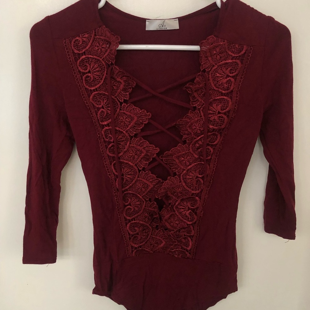 Burgundy tie front bodysuit